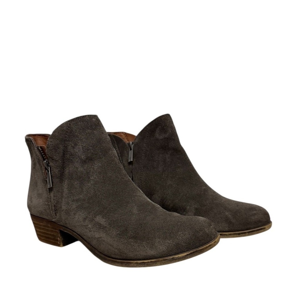 Lucky Brand Suede Winter Casual Side Zip Low Heel Ankle Boots 7.5 Brown Gray